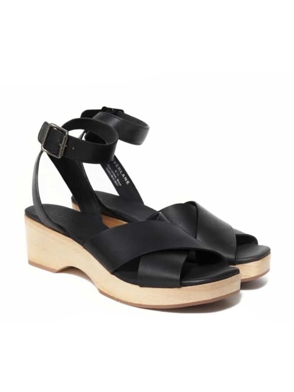 Everlane the Clog Sandal in Black Leather and Natural Wood Size 7.5